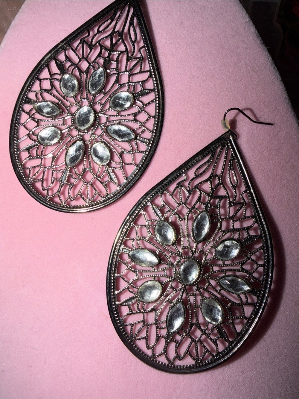 Antique Silver-Tone Teardrop Earrings Clear Crystal Accents 3.25” (J0067)
